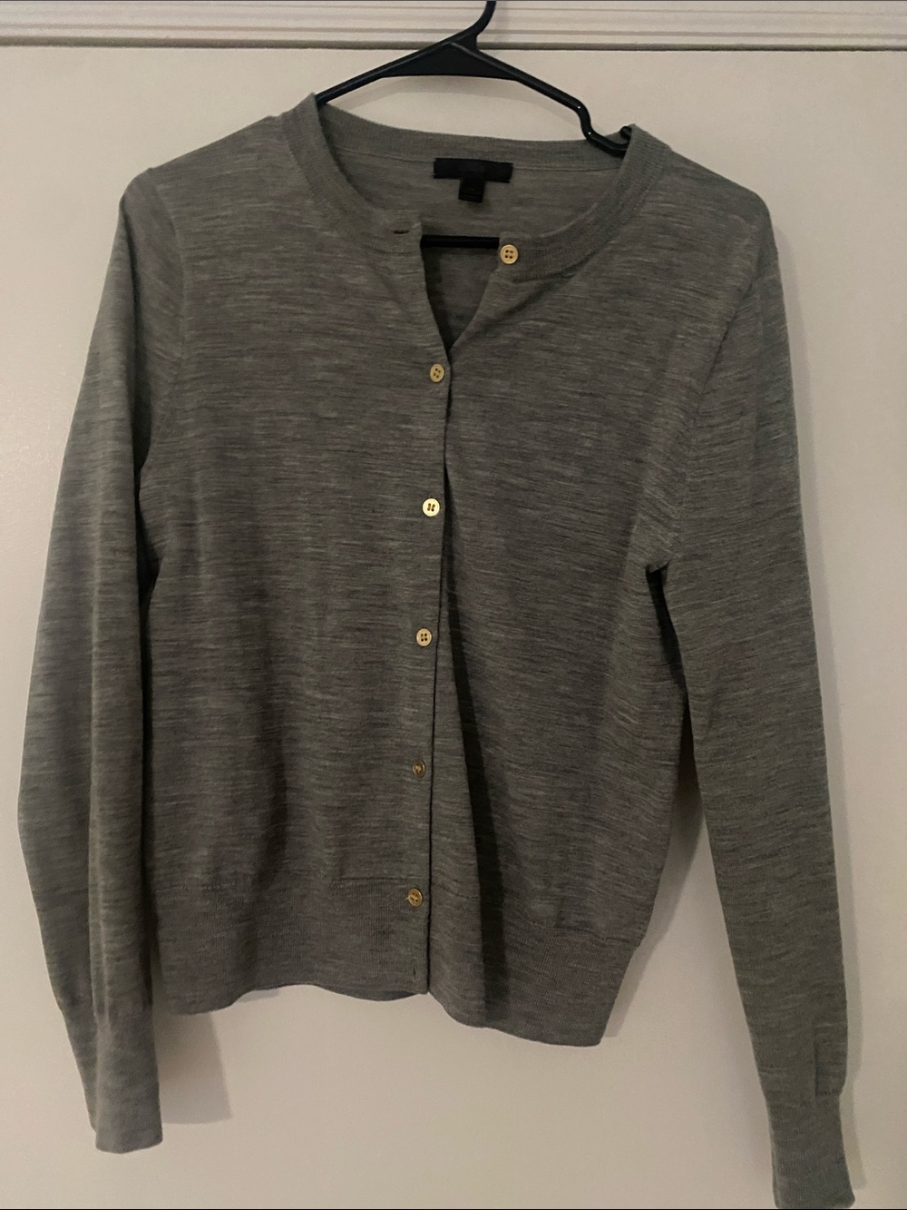 J. Crew Gray Wool Crewneck Button-Front Cardigan with Gold Buttons